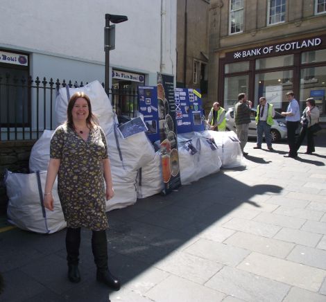 SIC environmental manager Maggie Dunne and the litter mountain. Pic. Elaine McGregor