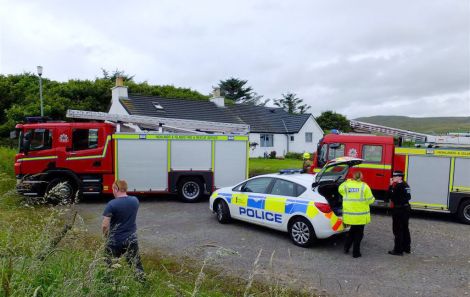 Emergency services attending the fire in Hoswick on Wednesday afternoon.