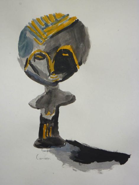 Akuaba Doll - watercolour drawing  by Cameron Sandison, P6, Scalloway Primary School.