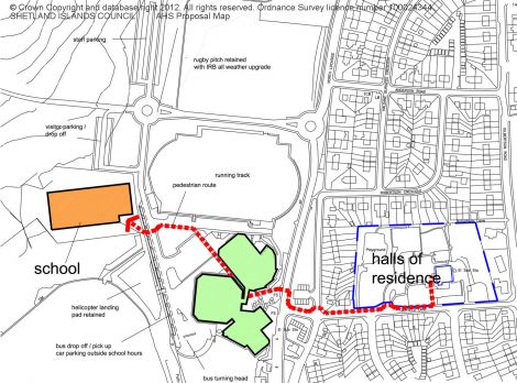 The proposed schools in relation to the Clickimin Leisure Centre and the planned hostel at Hayfield House - Map: SIC