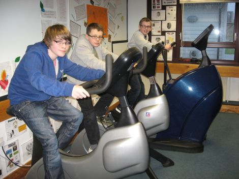 Kyle Brook-Freeman (left), Stephen Kemp and James Cockerill take the fitness suite for a quick spin.