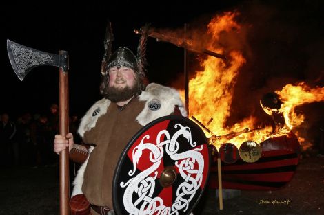 Njal Christie Henry raises his axe as Danish king Swein Forkbeard. Photo Ivan Hawick