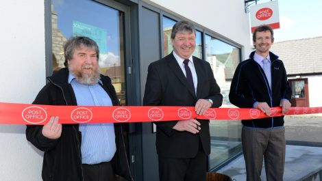 Shop owner Alex Johnson, Alistair Carmichael MP and new sub postmaster Torquil Clyde at the reopening of Scalloway post office.