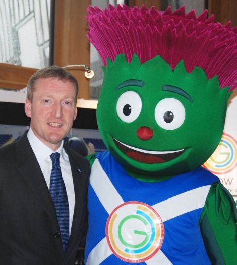 Thistle get them going. Tavish steers clear of national politics and sticks to sport with Glasgow 2014 mascot Clyde.