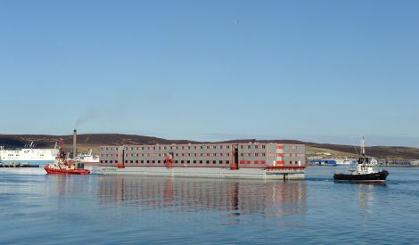The Bibby Stockholm accommodation barge arriving in Lerwick harbour at the end of March this year - Photo: Malcolm Younger/Millgaet Media