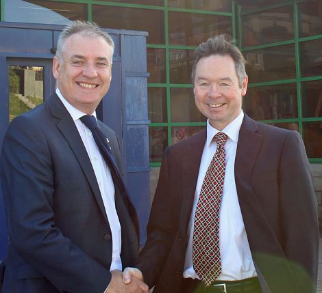 Interim NAFC Marine Centre manager Willie Shannon welcomes fishing minister Richard Lochhead on Thursday morning.