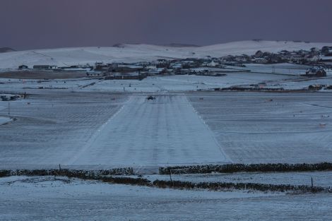 A snow covered Sumburgh airport which struggled to return to normal on Friday. Photo Ronnie Robertson