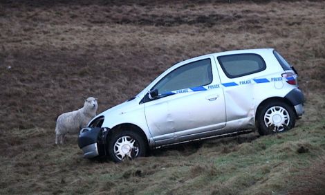 This car had left the road in the early hours of Friday just north of the South Nesting junction. Photo Shetnews