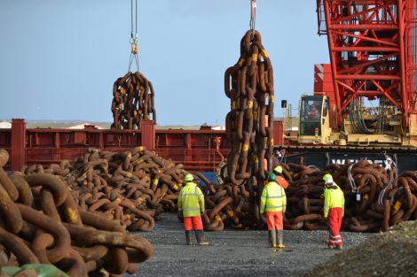 Anchor chains for a replacement vessel serving the Schiehallion oil field have been delivered to Lerwick Harbour for temporary storage. Photo: Alexander Simpson