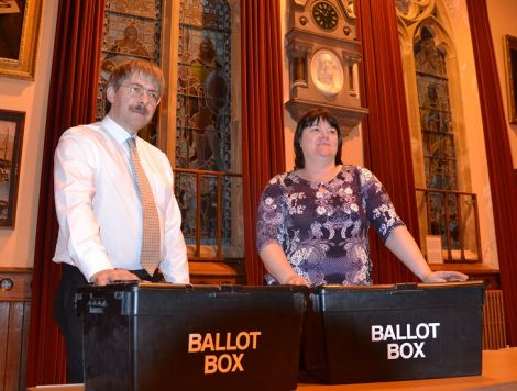 Shetland's returning officer Jan Riise with his deputy Anne Cogle following Sunday night's count at Lerwick Town Hall. Photo: Shetnews