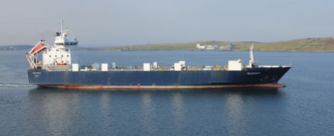 Serco NorthLink's Hildasay freight vessel chartered from Seatruck who employ East Europeans on less than the minimum wage. Photo Tony Garner
