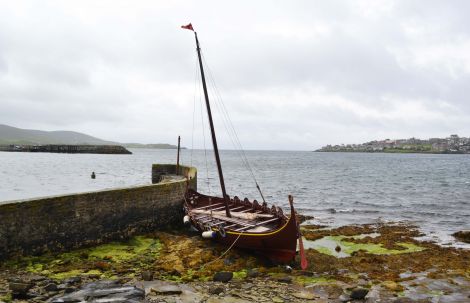 The replica Viking longship was towed back to Lerwick on Wednesday lunchtime. Photo: Charlie Umphray