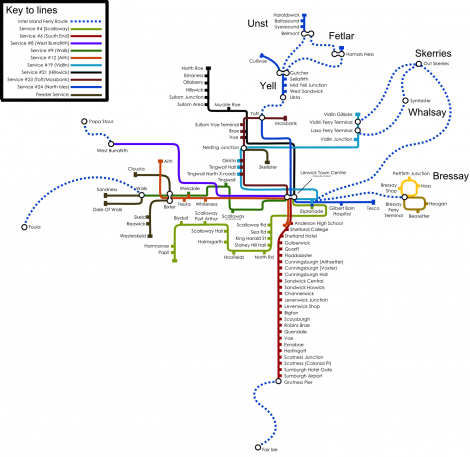 App map of Shetland's public transport routes.