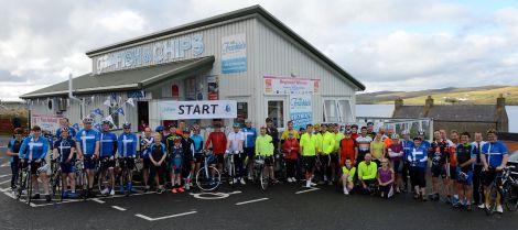 Cyclists at the start of the race in Brae yesterday.