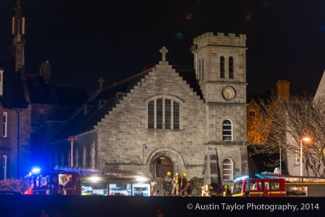 Fire fighters from Lerwick and Scalloway attending St Clement's Hall on Monday night. Photo: Austin Taylor