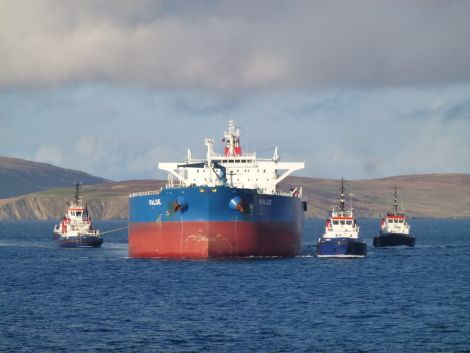 Best value for Sella Ness? Three council tugs escort the tanker 'Value' into Sullom Voe last year. Photo John Bateson