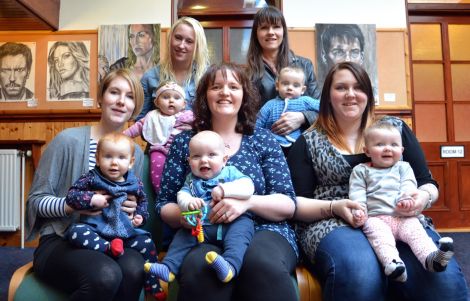 From back row (left to right): Amy Gerrard with Lucy, Elaine Gair with Connor; Front row: Chloe Tallack with Thea, Jennifer Munro with Magnus, and Nicola Bowie with Rylee. Photo: Shetnews/Neil Riddell