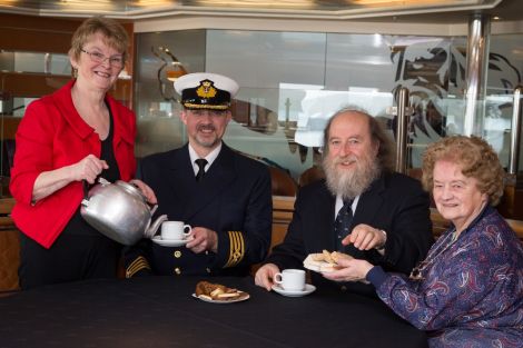 From left to right: President of the Lerwick Ladies Lifeboat Guild Hazel Anderson, MV Hrossey captain Allan Scott, Lerwick Lifeboat coxswain Bruce Leask and guild treasurer Bella Irvine. Photo: Ben Mullay