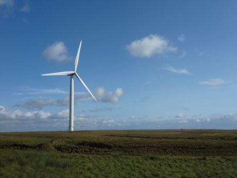 One of the turbines that forms part of Peel Energy's Scout Moor wind farm in England.