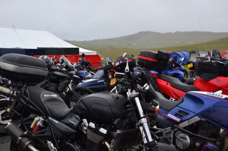Bikes gather at Nesting for the famous Simmer Dim rally. Photo Chris Cope/Shetnews
