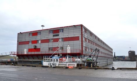 Accommodation barge at Morrison Dock: accommodation for between 500 and 1,500 workers will be required until 2024 - Photo: ShetNews