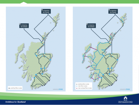 A map of the new fibre network being created across Scotland. On the left is the old network, on the right is the new one. Note it doesn't stretch very far across Shetland.