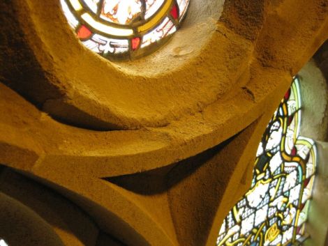 Crumbling sandstone around one of the town hall's many iconic stained glass windows. Photo courtesy of SIC