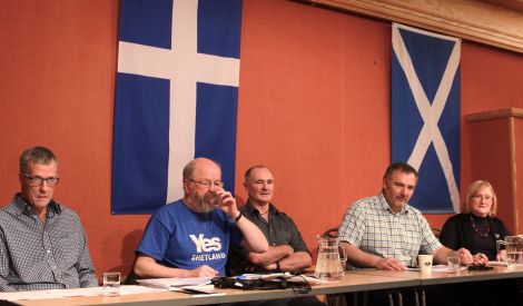 Chaired by Andrew Halcrow (centre) Dennis Leask and Brian Nugent (left) spoke for the notion while Gary Robinson and Helen Erwood opposed it - Photo: Hans J Marter/ShetNews
