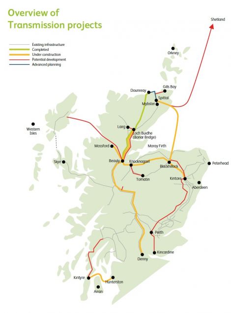 A map showing (in red) the route the cable from Shetland to Caithness would take.