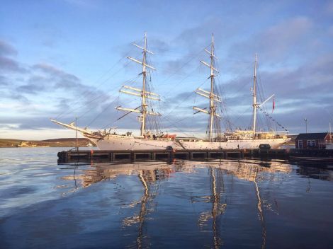 Statsraad Lehmkuhl in Lerwick Harbour on a glorious Friday morning. Photo: Maurice Henderson.