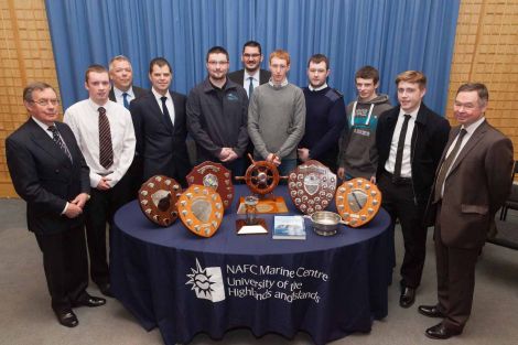 Students, guests and college staff gather for annual prize-giving photo (left to right):Captain George Sutherland, Aidan Redpath, Dr John Kemp, John Blance, Sam Spence, interim vice principal Andy Glen, Duncan Stewart, Steven Macleod, Stuart Smith, Robbie Tait and interim principle Willie Shannon - Photo: Ben Mullay