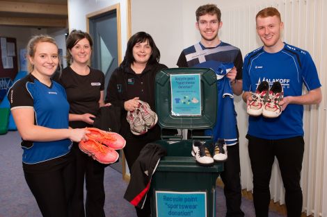 Members of Shetland's sports community join sport and physical activity coordinator Lesley Spence to donate their items at Clickimin’s recycle point. From left: Claire Morris, Aimee Keith, Lesley Spence, Tom Jamieson and James Aitken. Photo: Shetland Islands Council.