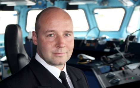 Commanding officer Daniel Thomasson at the bridge of the warship. Photo: Chris Cope/Shetland News