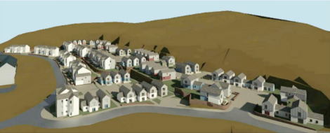 3d rendering of a planned housing development on a hill, featuring various house designs and roads, with a desert-like background.