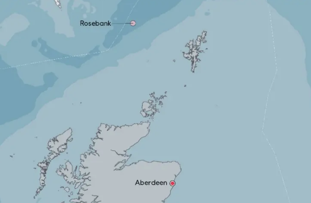 Map showing the geographic locations of rosebank and aberdeen on a coastal outline.