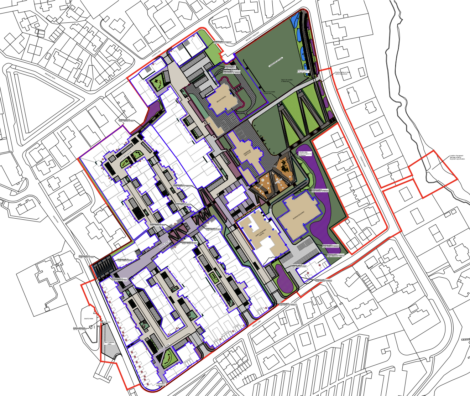Technical drawing of a site plan with color-coded zoning and layout details.