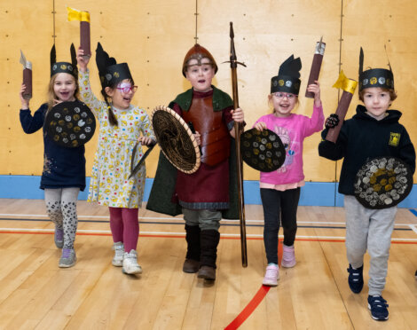 A group of children dressed as vikings in a gymnasium.