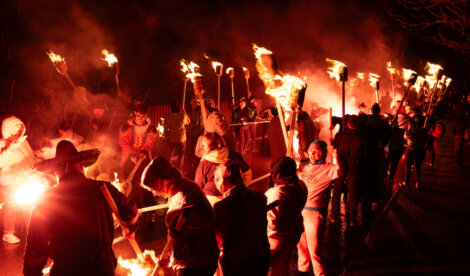 A group of people holding torches at night.