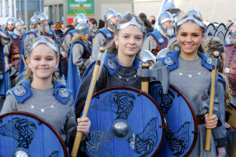 A group of girls in viking costumes.